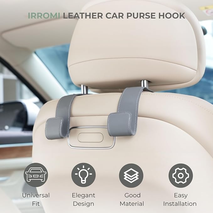 2 Pack Purse Holder for Car, Universal Leather Car Seat Hook, Car Organizer | Extra Wide & Deep Hook; Soft Leather Wrapped; Flexible Hanging Design - Image 2