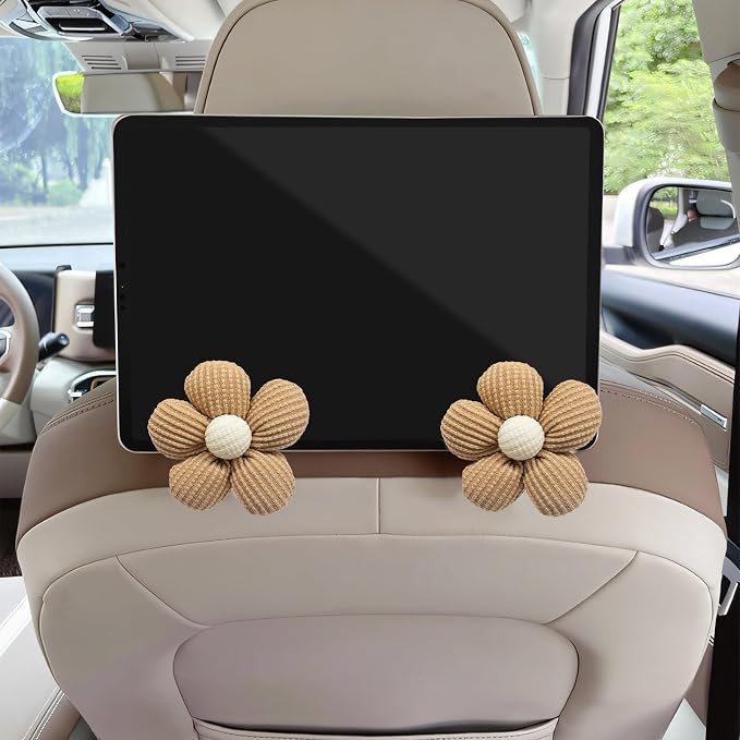 4 PCS Car Seat Headrest Hooks, Cute Flower Vehicle Backseat Hanger Storage Hook, Portable Auto Seat Back Holder Hanging Organizer for Purse Grocery Bag Cloth (Brown) - Image 6