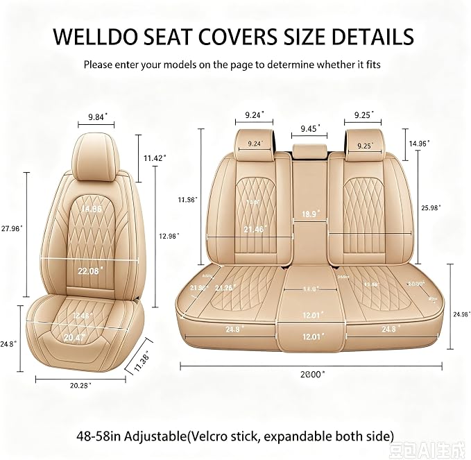 WELLDO Nappa Faux Leather Car Seat Covers Full Set, 5Seats,Beige | Eazy to clean,Easy to install ,Waterproof, Non-Slip,Scratch-resistant, Universal Fit for Most Cars, SUVs, Pickup Trucks - Image 4