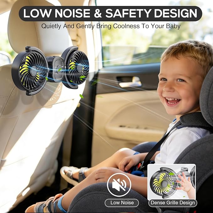 Dealswin Rechargeable Car Fan for Backseat Kids, Battery and USB Dual Power Car Fans, Independent Control 360°Adjustable Dual Head Car Seat Fan Headrest Cooling Fan for Sedan SUV RV Truck Vehicle - Image 6