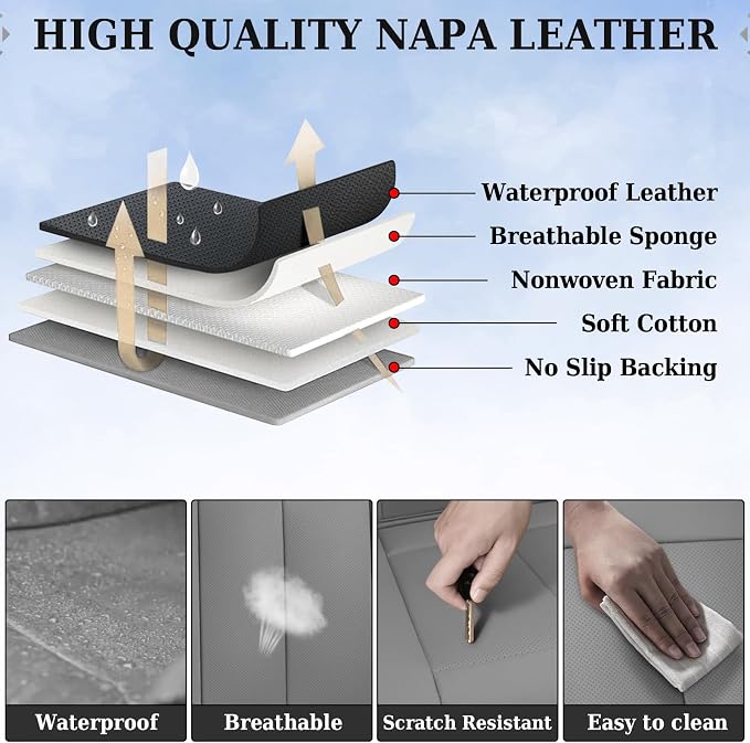 Coverado Back Seat Cover, Gray Seat Covers for Cars, Waterproof Back of Car Seat Protector for Kids, Nappa Leather Car Seat Cushion, 3-Pieces Universal Fit Most Cars Interior Backseat Covers - Image 4