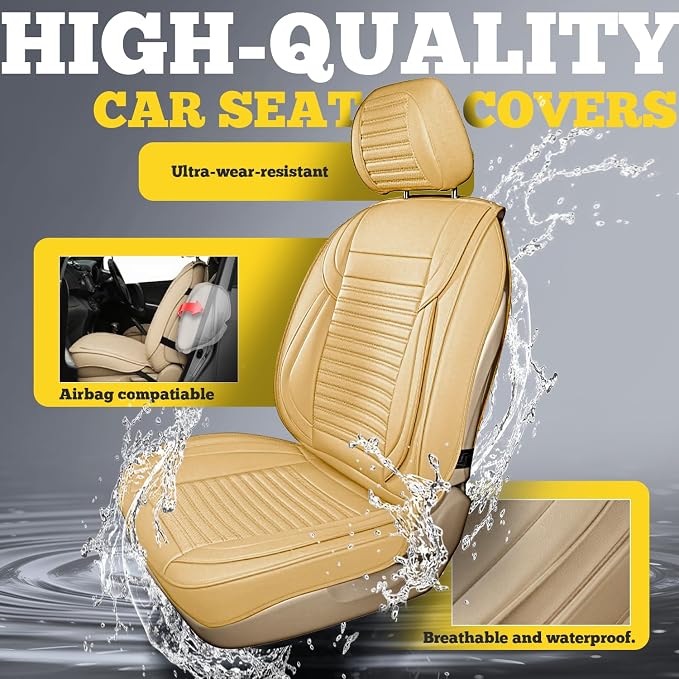 Front Car Seat Covers, Faux Nappa Leather for Sedan SUV, 2 Seats | Waterproof, Breathable and Airbag Compatible, Helps Reduce Slipping, Beige - Image 6