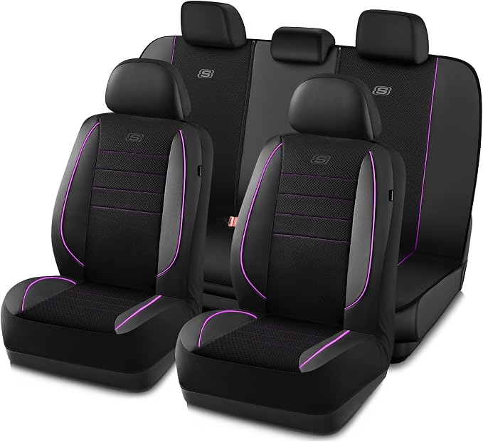 Skechers Air-Cooled Memory Foam Seat Covers,Mesh Thick Car Seat Covers,Piping Leather Car Seat Cover,Airbag Compatible,Automotive Comfort for Most Cars, Vans, Trucks, SUV(Purple, Full Set) by Unknown