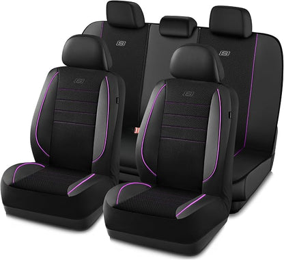 Skechers Air-Cooled Memory Foam Seat Covers,Mesh Thick Car Seat Covers,Piping Leather Car Seat Cover,Airbag Compatible,Automotive Comfort for Most Cars, Vans, Trucks, SUV(Purple, Full Set) by Unknown