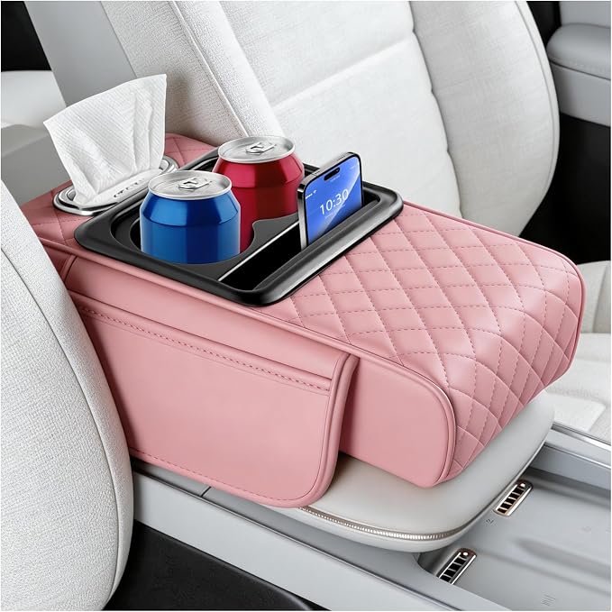 5-in-1 Car Center Console Cover,Leather Car Armrest Cover with Cup Holder/Storage Pocket/Phone Holder/Cars Tissue Holders,Thickened Cars Armrest Storage Box for Relieving Elbow Fatigue (Pink) by Unknown
