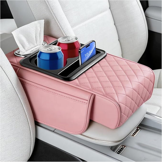 5-in-1 Car Center Console Cover,Leather Car Armrest Cover with Cup Holder/Storage Pocket/Phone Holder/Cars Tissue Holders,Thickened Cars Armrest Storage Box for Relieving Elbow Fatigue (Pink) by Unknown