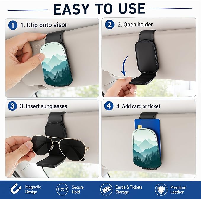 Leather Magnetic Sunglass Holder for Car Sun Visor, Cute Eyeglass Ticket Card Hanger Clip, Universal Auto Interior Accessories for SUV Pickup Truck, Green Mountain - Image 5