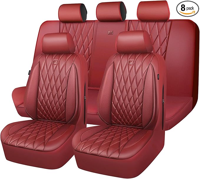 CAR PASS Piping Luxury Faux Leather Seat Covers Full Set, Premium Delux Anti-Slip Waterproof Automotive Seat Cover Universal Fit for Sedans Suvs Vans Trucks, Armrest & Airbag Compatible, Burgundy Red by CARPASS