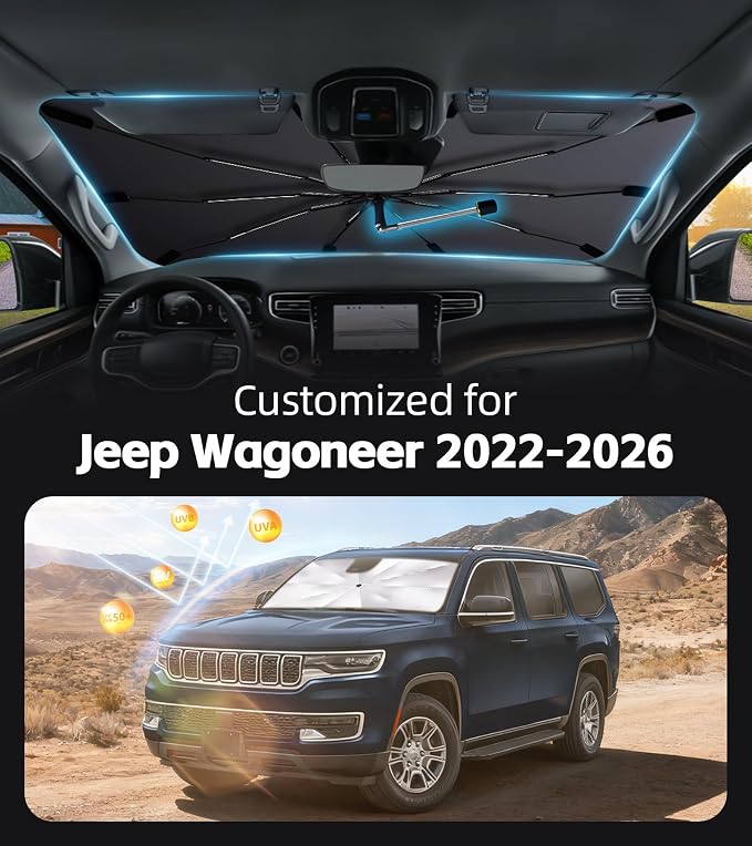 Windshield Sun Shade for Jeep Wagoneer 2022-2026 with 360° Rotating Shaft | Custom Fit Umbrella Sunshade for UV Blocking, Car Sun Visor Keeps Car Cool, Protects Interior & Easy Storage - Image 2