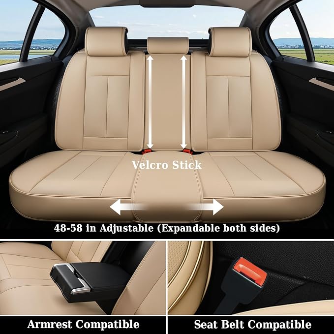 Coverado Backseat Cover for Dogs, Car Seat Protector for Back Seat, Car Seat Covers Beige, Car Seat Cushion Nappa Leather, 3-Pieces Waterproof Seat Covers Carseat Cover Universal Fit for Most Cars - Image 4