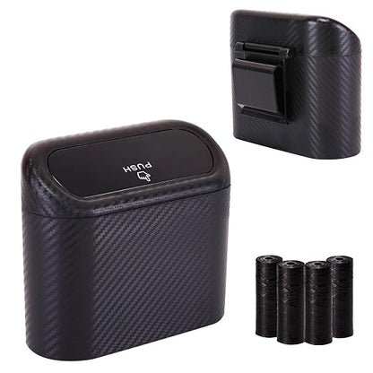 Ginsco Mini Car Trash Can with Lid, Small Car Garbage Can, Cute Leakproof ABS Car Trash Bin, Car Accessories for Interior, Garbage Bin for Car, Home, Office with 60pcs Trash Bags Carbon Fibre by Ginsco