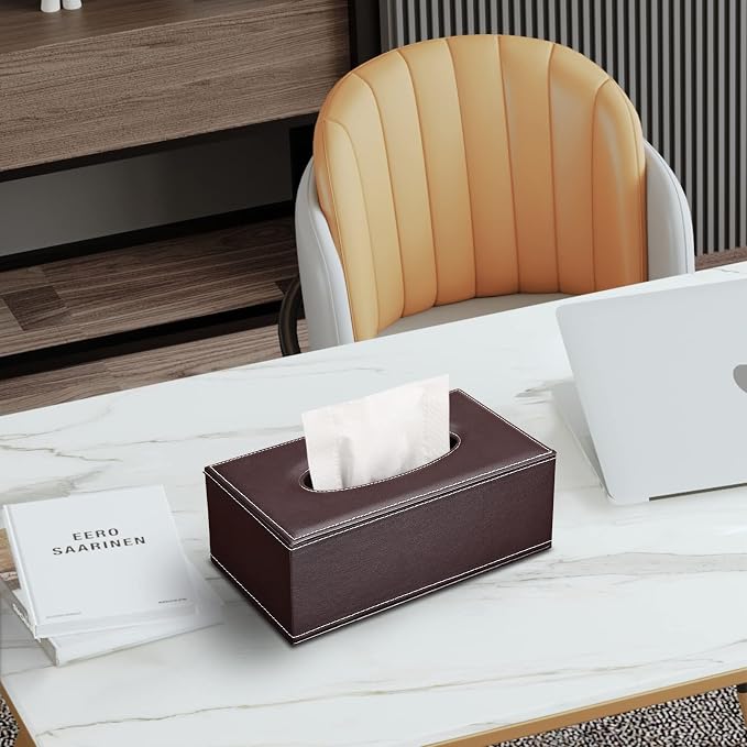 Tissue Box Cover Rectangle, PU Leather Tissue Box Holder Rectangular, Kleenex Box Covers for Home/Office/Car Decoration 9.84"X5.23"X3.77" - Brown - Image 6