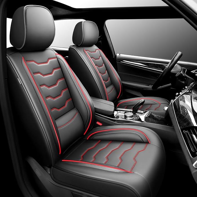 Fit Versa Car Seat Covers Premium Leather for Nissan Versa 2009-2025 2026. Waterproof， Breathable, Scratch-Resistant & All-Weather Seat Cushion Protector（2 Front Seats,Red Line Black by Unknown