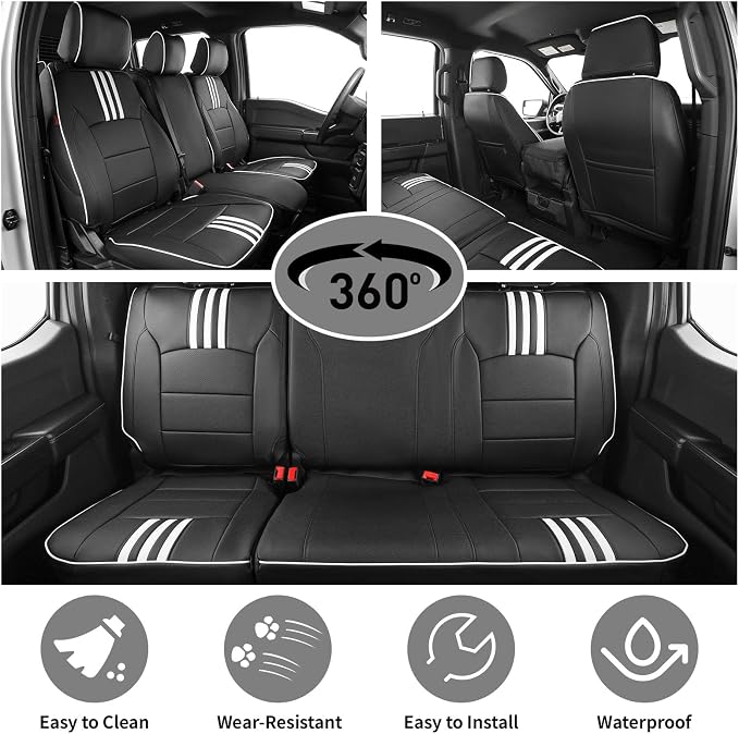 EKR F150 Seat Covers Custom Fit for (2 Door,SuperCab/Extended Cab) 2015-2020 Ford F150 XL/XLT/Lariat & 2017-2022 F250/F350 SuperDuty XL/XLT/Lariat Full Set-Faux Leather(Black with White Trim) - Image 4