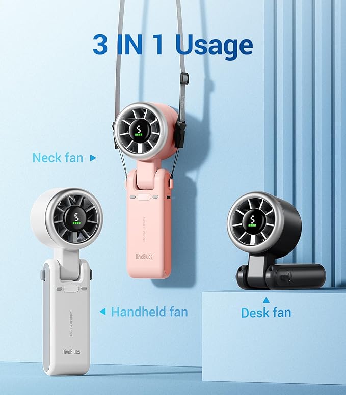 Diveblues Portable Handheld Turbo Fan | 3 IN 1 Hand/Neck/Desk Fan, Up to 12 Working Hours, 5 Gear Wind, Battery Operated, Travel, Working, Outdoor Activities - Image 3