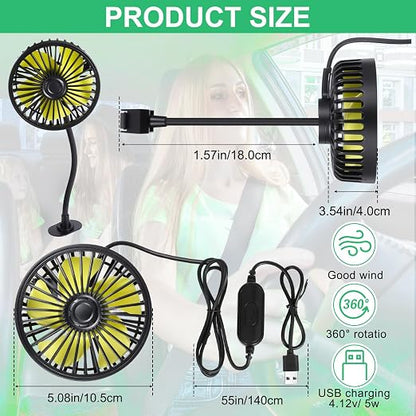 Glooglitter 2 Pcs Car Fan USB for Rear Seat Passenger Portable Headrest 360 Degree Rotatable 3 Speed 12v/ 24v Automobile Ventilation Fan with Clip for SUV Backseat, RV, Vehicles(Practical,Black) - Image 2