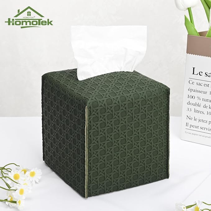 HOMOTEK 2 Pack Tissue Box Cover, Square PU Leather Tissue Holder, Decorative Facial Tissue Cube Paper Organizer Dispenser for Bathroom, Night Stands, Desk, Car 5X5X5'' - Rattan Weave,Emerald Green - Image 5
