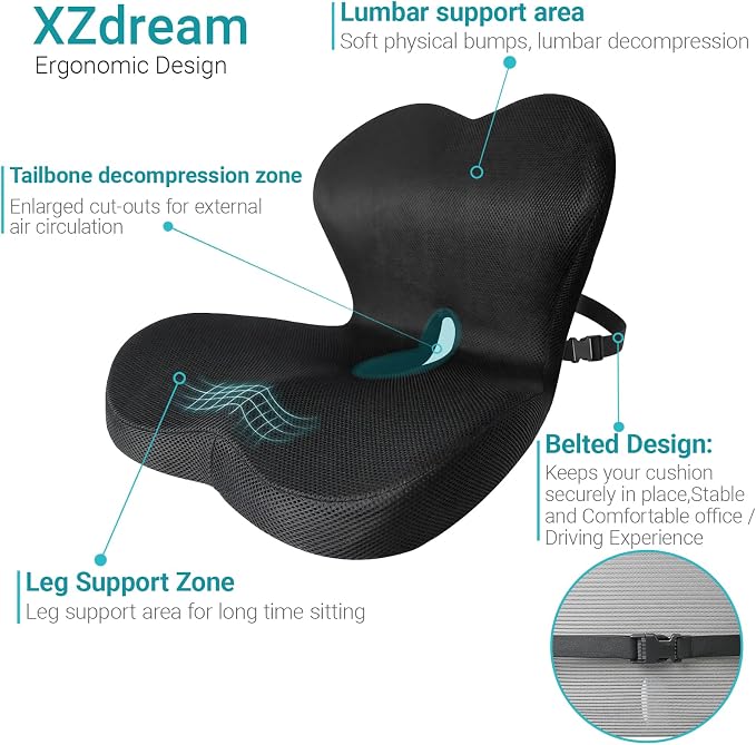 Memory Foam Seat Cushion,Office Chair Cushion with Lumbar Support for Back Pressure Relief, Car Seat Cushion with Adjustable Strap,Sciatica Pad Cushions for Car,Truck, Desk,Gaming Chair - Image 3