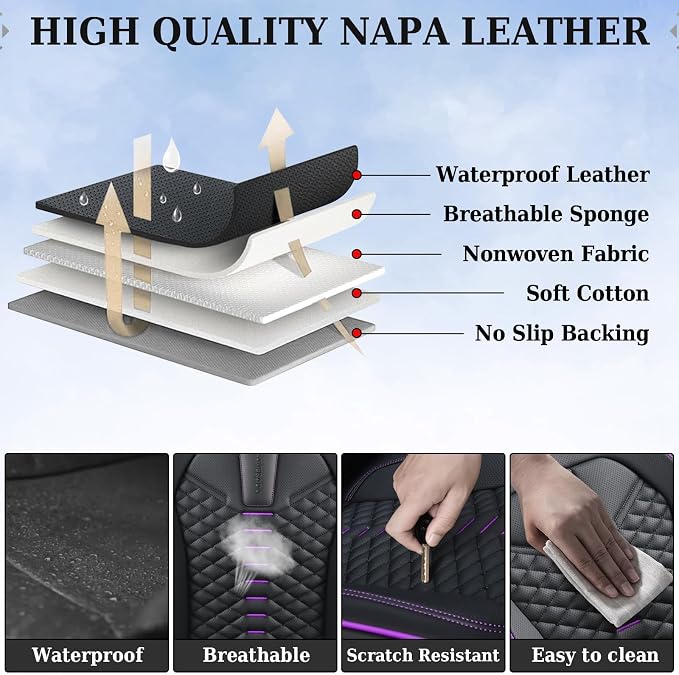 Coverado Leather Seat Covers, Car Seat Covers Full Set, Nappa Leather Seat Covers for Cars, Car Seat Protectors Waterproof, 5 Seats Black&Purple Automotive Seat Covers Fit for Most Cars Trucks - Image 5