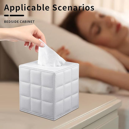 Tissue Box Cover Square,Stylish PU Leather Tissue Box Holder for Dresser Bathroom,Facial Tissue Holder with Magnetic Bottom for Home Office (White) - Image 2