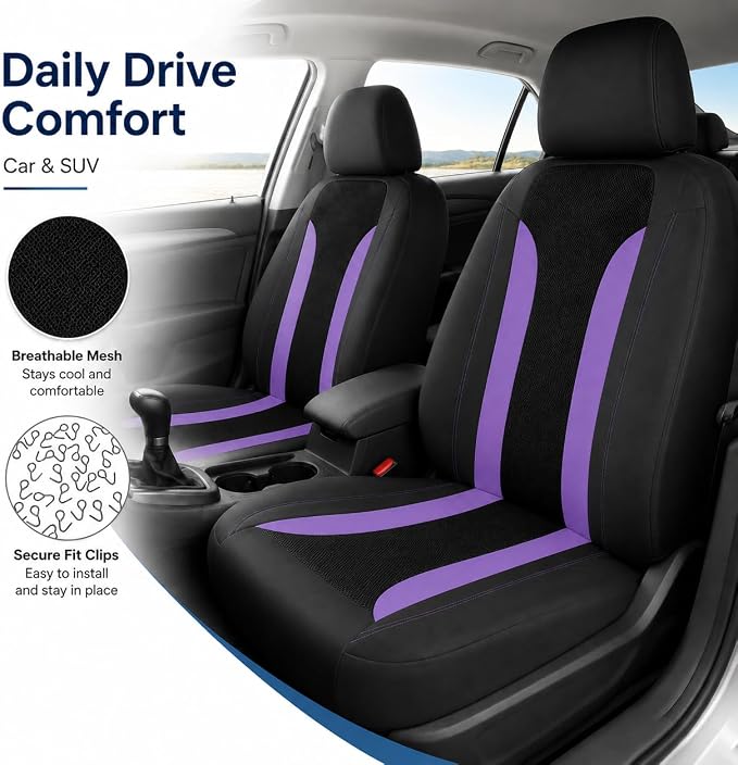 4 PCS Cooling Car Seat Covers, Breathable Auto Driver Seats Protective Cover with Hooks, Comfortable Anti-Slip Front Seats Cover Interior Accessories for Car Truck SUV (Purple) - Image 5