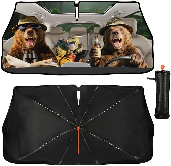 CHILL·TEK Funny Car Windshield Sun Shade Umbrella, Funny Bear Car Sun Shade Umbrella, Block UV Rays Heat Foldable Windshield Umbrella Sun Visor Protector - Keep Vehicle Cool for Cars SUV - Image 2