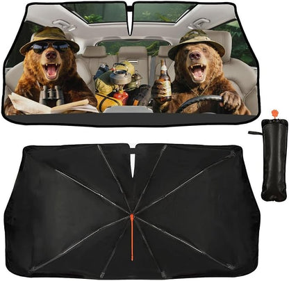 CHILL·TEK Funny Car Windshield Sun Shade Umbrella, Funny Bear Car Sun Shade Umbrella, Block UV Rays Heat Foldable Windshield Umbrella Sun Visor Protector - Keep Vehicle Cool for Cars SUV - Image 2