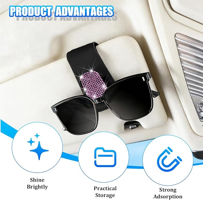 Bling Car Sun Visor Sunglasses Holder, Crystal Rhinestone Leather Visor Eyeglasses Ticket Card Mounter Clip, Shiny Diamond Auto Glasses Hanger Holder, Universal Fit (Black/Pink) - Image 3