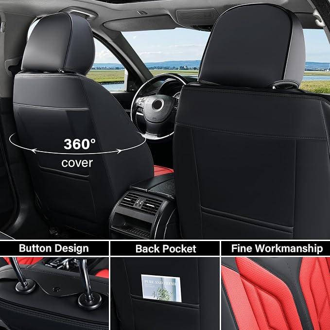 Coverado Car Seat Covers Full Set, Automotive Seat Covers Car Seat Protector Car Seat Cushion, Waterproof Leather Seat Covers for Cars, Universal Fit for Most Sedans SUV Pick-up Truck(Black&Red) - Image 4