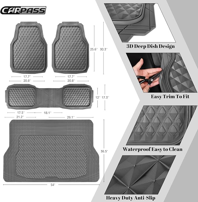 CAR PASS Heavy Duty Rubber Gray Car Floor Mats & Cargo Liners, Deep Dish All-Weather Trunk Mats Durable Anti-Slip 3D Rhombus Waterproof Trim to Fit Liner Universal Fit Auto,Sedan,SUV,Truck, Gray - Image 4