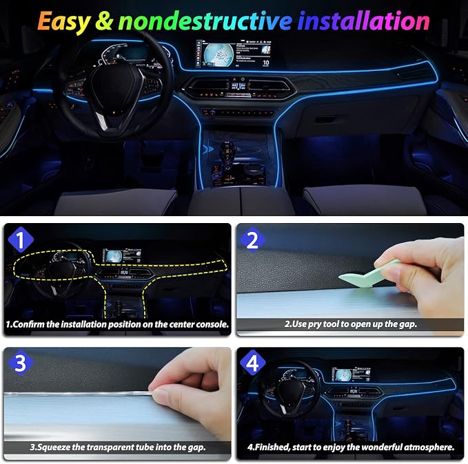 Car Led Strip Lights,Interior Lights,Ambient Lighting Kit With RGB 16 Million Colors Fiber Optics&Music Sync Rhythm,USB Neon Light Accessories for Center Console&Dashboard,Upgraded Version - Image 5