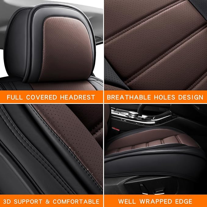 MINGBRON Car Seat Covers Full Set, Brown Car Seat Cover Lumbar Support, Car Seat Protector Waterproof, Nappa Leather Car Seat Cushion, Front Seats and Back Fit for Most Cars - Image 7