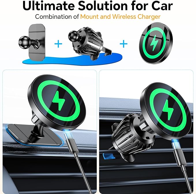 Coolpow Magsafe Car Mount Charger, Magnetic Wireless Car Charger for iPhone | Magsafe Car Charger Magnetic Phone Holders for Your Car Accessories Car Phone Holder Mount for iPhone 17 16 15 (Black) - Image 2