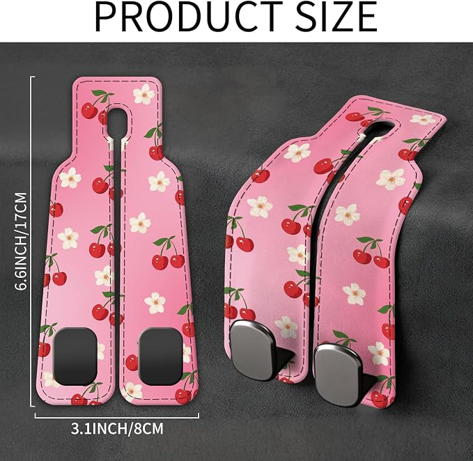 Car Seat Back Storage Headrest Hook, Premium Leather Double Metal Hook, Hanger Storage Organizer for Purse Cloth Bag, Car Interior Accessories Cute Pink Cherry Flower - Image 5