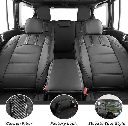 coverdream Wrangler Seat Covers Full Set for Jeep Wrangler 2018-2026 Rubicon,Sport,Sahara,Rear Split Seat w/No Armrest,Fully Covered,Luxury Waterproof Leather Car Seat Protector(Black & Carbon Fiber) - Image 6