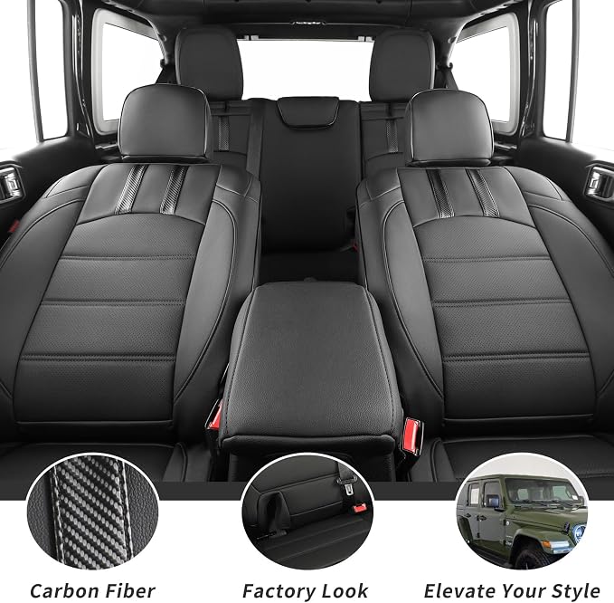 Front Seat Covers for 2018-2023 Jeep Wrangler 4drs (Black & Carbon) | 1:1 Custom Fit,Factory Look,Easy Installation,Airbag Compatible,Waterproof Faux Leather & Easy to Clean,Pet Friendly - Image 4