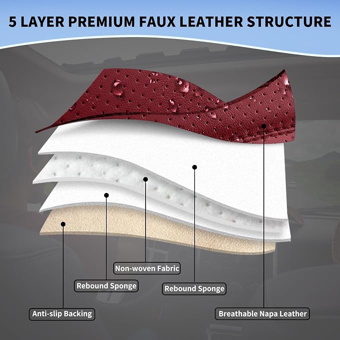 Leather Car Seat Covers Full Set Automotive Seat Protectors | Breathable Waterproof Durable Full Surround & Lumbar Support Design Non-Slip Universal Fit for Most Cars SUVs Trucks Vans Red - Image 8