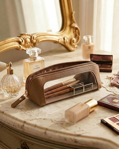 Clear Makeup Bag,PU Leather Mini Makeup Pouch Portable Makeup Brush Case Transparent Waterproof Cosmetic Organizer Pouch with Zipper for Women Home Travel Office Car Organizer and Storage(Slim, Brown) - Image 3