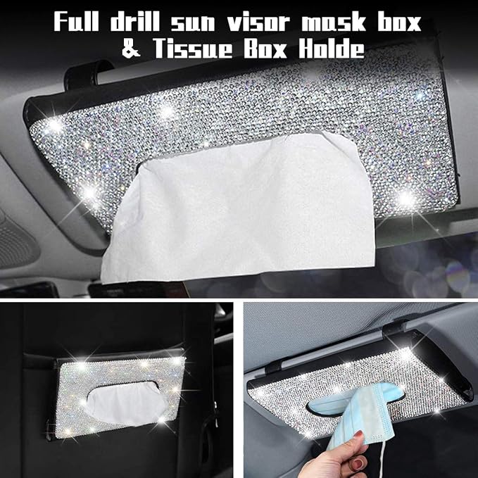 Bling Car Sun Visor Tissue Box Holder, Rhinestone PU Leather Crystal Sparkling Napkin Holder, Backseat Paper Towel Cover Case Car Accessories for Women (White) - Image 7