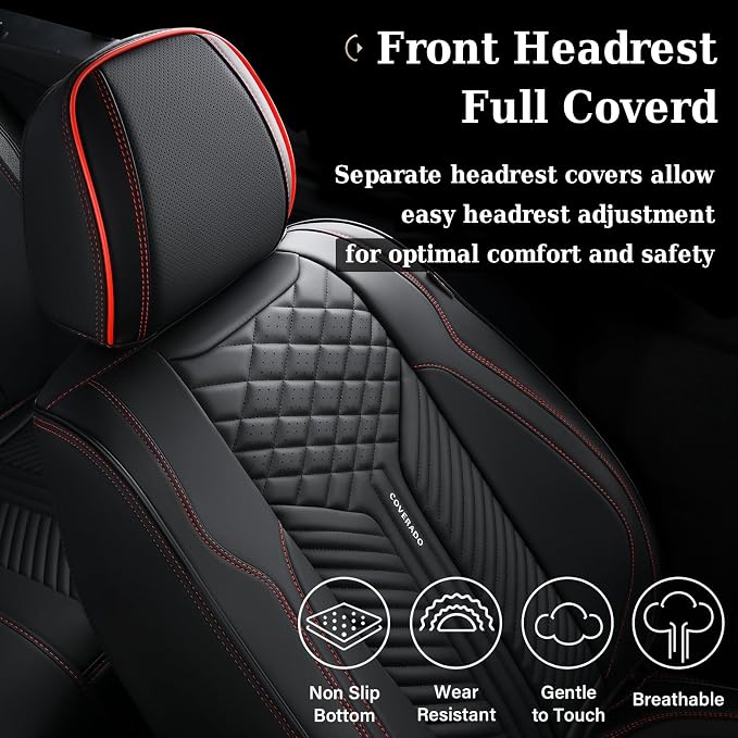 Coverado Car Seat Covers Full Set, 5 Seats Leather Seat Covers for Cars, Waterproof Front and Rear Car Seat Protectors Cushions Universal Fit Most Vehicles (Black) - Image 8