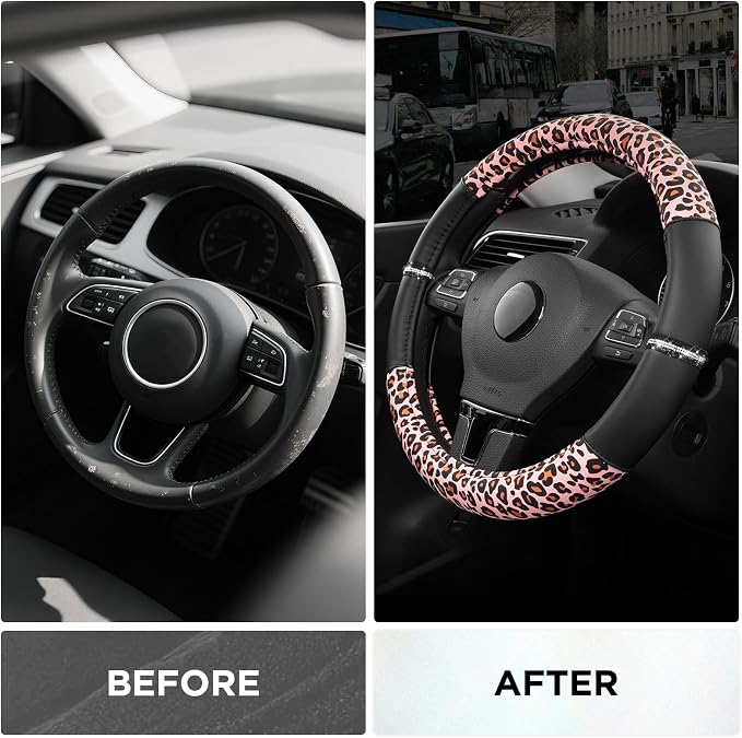 Road Comforts Leopard Steering Wheel Cover for Women, Cute Anti-Slip Microfiber Leather, Fits 14.5-15 Inch Steering Wheel 14.5-15 Inch - Black and Pink Cheetah - Image 3