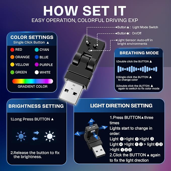Frienda 2 Pcs Mini USB Light Car LED Interior Light, Manual Switch USB-A | 5v RGB Foldable Lighting, Adjustable 8 Color and Brightness, Smart USB Night Lamp for Cars Laptop Keyboard - Image 4