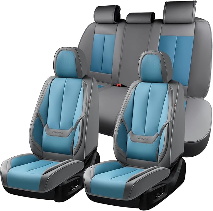 Coverado Seat Covers, Car Seat Covers Full Set, Leather Seat Covers for Cars, Car Seat Protector, Gray Car Seat Covers Front Seats and Back Seats Universal Fit for Most Cars Blue by COVERADOAUTO