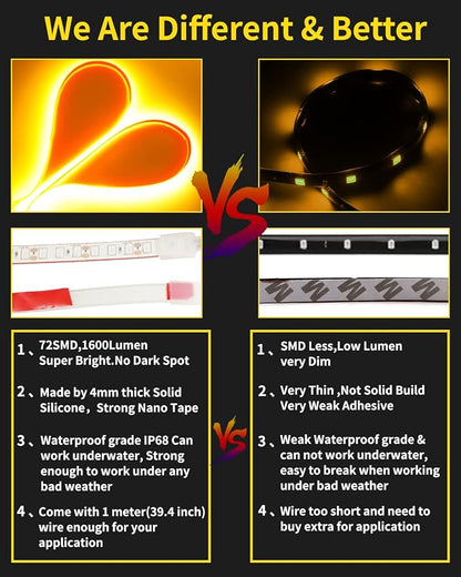 YM E-Bright IP68 Waterproof LED Strip Lights, 24inch 72SMD 12V Amber 4 Pack | Cuttable underglow strips suit compatible cars, motorcycles, boats, and golf carts for interior or exterior accent lighting. - Image 2