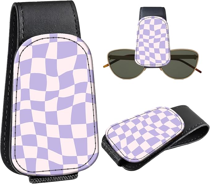 Leather Magnetic Sunglass Holder for Car Sun Visor, Cute Eyeglass Ticket Card Hanger Clip, Universal Auto Interior Accessories for SUV Pickup Truck, Purple Wave by Unknown