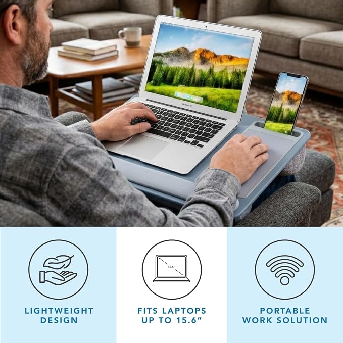 LAPGEAR Home Office Pro Lap Desk - Slate Blue, Fits 15.6” Laptops | Built-In Mouse Pad & Phone Slot, Wide Cushioned Wrist Rest, Dual-Bolster Microbead Cushion, Carry Handle - Image 2