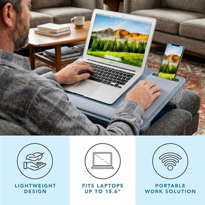 LAPGEAR Home Office Pro Lap Desk - Slate Blue, Fits 15.6” Laptops | Built-In Mouse Pad & Phone Slot, Wide Cushioned Wrist Rest, Dual-Bolster Microbead Cushion, Carry Handle - Image 2