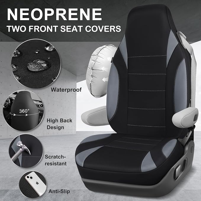 CAR PASS Waterproof High Back Car Seat Covers Front Seats with Armrest Gray | Neoprene Bucket Seat Cover, Airbag and Armrest Compatible, Built-In Seatbelt Universal Fit for Cars,Truck, Van, SUV - Image 4