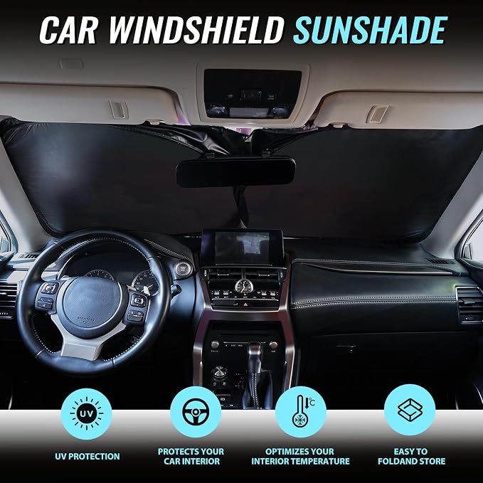Car Windshield Sun Shade, Foldable Reflective UV Front Sunshade | 57" x 31", Sun Visor Blocks UV Rays & Keep Cool for Cars Interior, Fits Sedans, SUVs & Trucks, Foldable & Easy Storage - Image 2