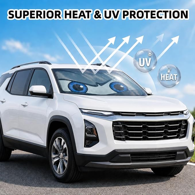 Car Windshield Sun Shade Umbrella, Universal Fit Mid-Large Sedan SUV | 57 x 31" Car Sun Visor, Foldable UV Heat Blocking Auto Sunshade with Rearview Mirror Cutout, Cute Eyes Series - Image 3
